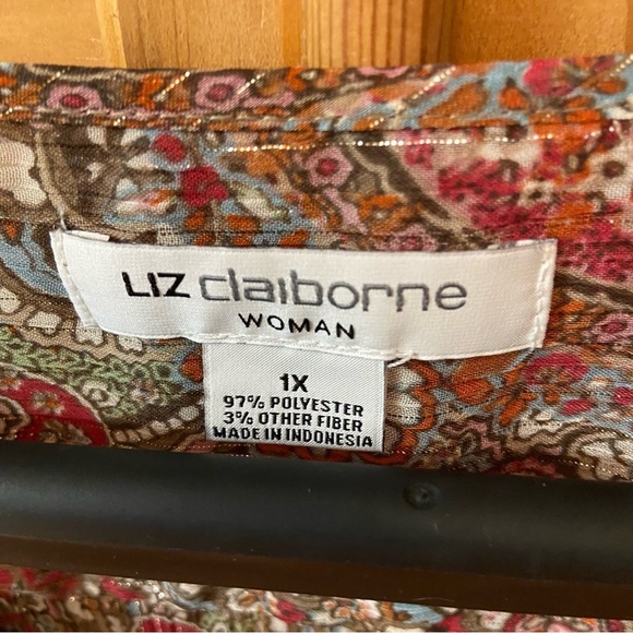 Liz Claiborne Women Sheet Paisley Print Blouse Size 1X Metallic Thread Career - Picture 6 of 8